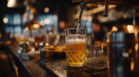 A refreshing draft beer is being poured into a clear glass at a bar, showcasing the golden liquid and frothy head. The background features a lively atmosphere, perfect for social gatherings.の素材