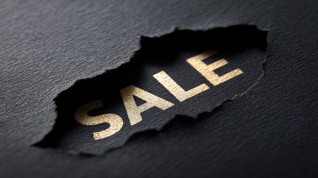 This image features a torn black surface unveiling a striking gold "SALE" text beneath. Perfect for advertising special offers and discounts in retail marketing.の素材