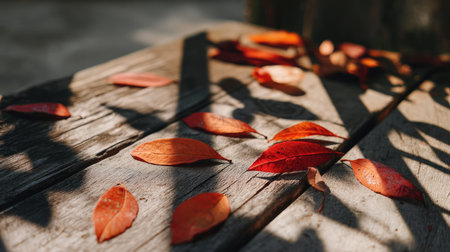 Vibrant red leaves scatter across a rustic wooden surface, casting soft shadows in the warm sunlight. This serene autumn scene captures nature's beauty and tranquility.の素材