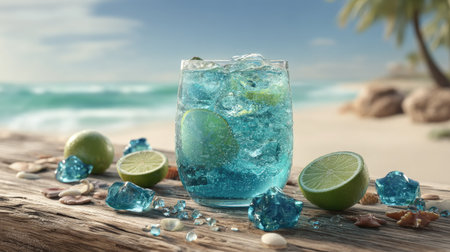 A vibrant tropical drink featuring ice and fresh limes, placed on a rustic wooden table by the beach. The stunning coastal scenery enhances the refreshing vibe.の素材