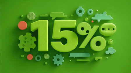 Bright green backdrop featuring a bold 15% discount number, surrounded by playful graphic elements, ideal for marketing promotions and sales campaigns.の素材