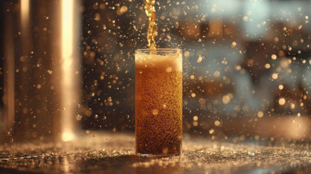 A refreshing dark beer is poured into a clear glass, creating splashes and bubbles, perfect for celebrations or casual gatherings. Ideal for beverage-related themes.の素材