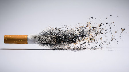 This striking image captures the explosive disintegration of a cigarette into dust, symbolizing the dangers of smoking and its harmful effects on health and the environment.の素材
