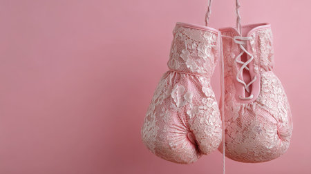 Delicate pink lace boxing gloves hang gracefully against a soft pink backdrop, blending sport and elegance in a charming display. Perfect for unique decor or fashion inspiration.の素材