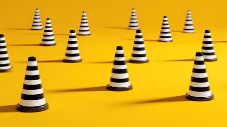 A vibrant image featuring striped black and white traffic cones on a bright yellow surface. The playful arrangement creates a striking visual contrast, ideal for design or safety themes.の素材