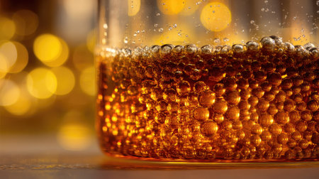 A close-up view of a sparkling beverage filled with bubbles, capturing the essence of refreshment. The warm light creates an inviting atmosphere.の素材