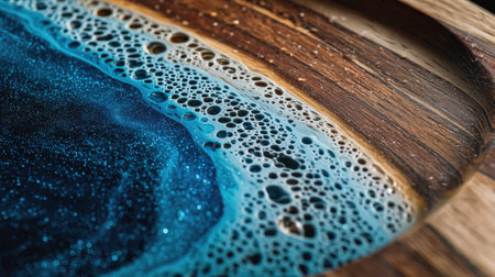 A visually striking close-up of glittering blue water revealing bubbles and unique textures on a wooden surface, showcasing natural beauty and artistic design.の素材