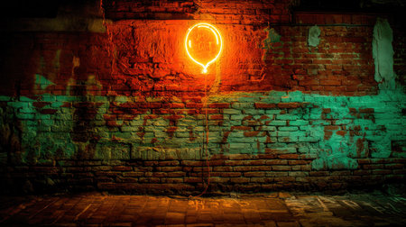 A vibrant neon circle light casts an alluring glow against a rustic brick wall, creating an artistic urban backdrop filled with character and mood.の素材