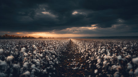 A vast cotton field stretches towards the horizon under an expansive sky filled with dark clouds. The soft hues of sunset illuminate the landscape, creating a serene atmosphere.の素材