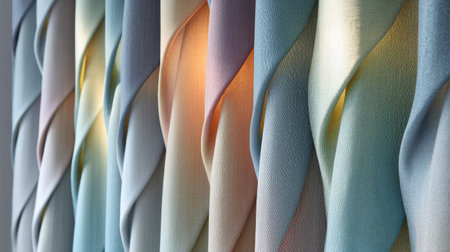 Close-up view of elegantly twisted fabrics showcasing soft pastel colors. The interplay of light and shadow enhances the unique texture and design, creating a sophisticated visual appeal perfect for interior decoration.の素材