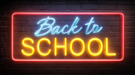 Vibrant neon sign featuring the phrase 'Back to School,' ideal for educational events and seasonal promotions, illuminated against a brick wall for visual impact.の素材