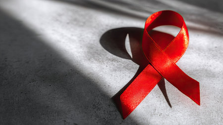 A vivid red ribbon lies on a textured surface, casting soft shadows. This image represents awareness and support for those affected by HIV and AIDS, conveying hope and solidarity.の素材