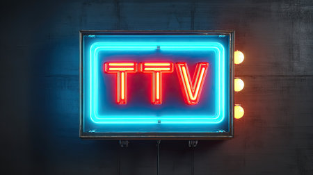 A striking neon sign featuring the letters TTV in bright blue and red, creating an eye-catching display against a dark background, ideal for creative projects.の素材