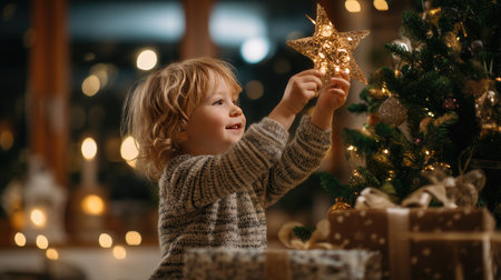 A joyful child decorates a beautifully lit Christmas tree with a star ornament, surrounded by gifts and a warm, festive atmosphere ideal for holiday cheer.の素材