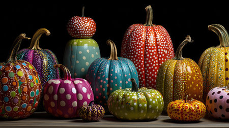 A captivating display of decorative pumpkins in vibrant colors and polka dot patterns. Perfect for autumn themes, celebrations, and artistic decor ideas.の素材