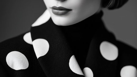 A striking black and white portrait of an elegant woman wearing a polka dot coat, showcasing classic beauty with flawless makeup and a chic hairstyle, capturing timeless style.の素材