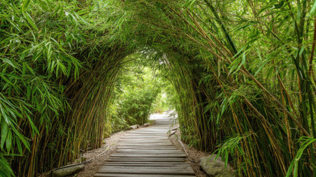 A serene bamboo pathway invites exploration through lush foliage, creating a tranquil atmosphere perfect for nature lovers seeking peaceful retreats in an outdoor environment.の素材