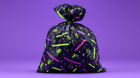 A vibrant trash bag with a playful neon design sits on a striking purple background, perfect for conveying themes of waste management, creativity, and urban decor.の素材
