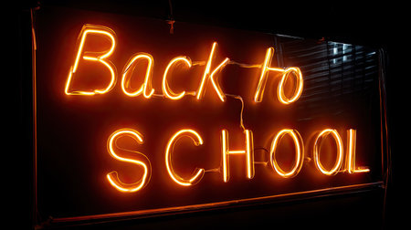 Eye-catching neon sign featuring bright colors to promote back to school themes. Ideal for educational marketing, storefront displays, and seasonal promotions.の素材