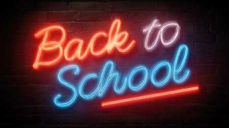 Bright and colorful neon sign displaying "Back to School" message. Perfect for educational themes, celebrations, or any promotional material related to learning.の素材