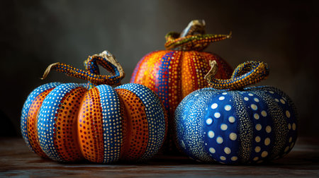 Three hand-painted pumpkins in vivid colors showcase unique patterns. These artistic decorations bring a festive touch to autumn celebrations and home decor.の素材