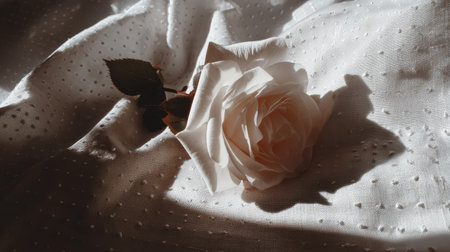 A soft white rose rests on elegant satin fabric, creating a serene and romantic atmosphere. The gentle shadows enhance the natural beauty of the flower.の素材