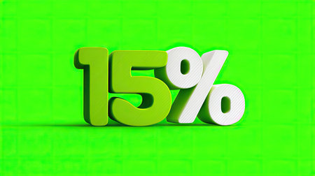 Bright green background showcases a bold 15% discount sign, perfect for promotional materials. Ideal for marketing campaigns and retail advertising.の素材