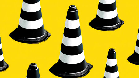 A vibrant arrangement of traffic cones set against a bright yellow background, emphasizing safety and construction themes. Ideal for design and print projects.の素材