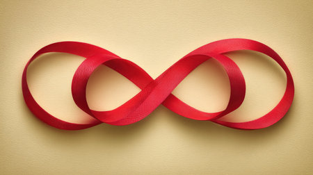 A delicate red ribbon elegantly forms the shape of an infinity symbol, resting on a soft light background. Perfect for themes of love and unity.の素材