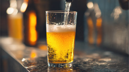 A close-up view of a glass being filled with refreshing beer, showcasing golden color and frothy bubbles, perfect for summer gatherings or celebrations.の素材