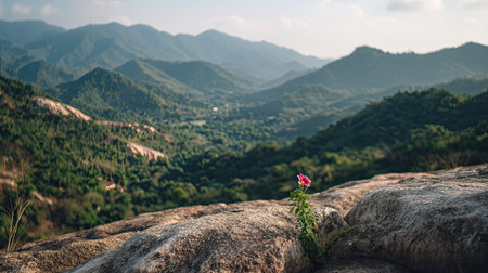 A vibrant flower emerges from a rocky surface, set against a breathtaking mountain landscape. This serene scene captures the beauty of nature and tranquility.の素材