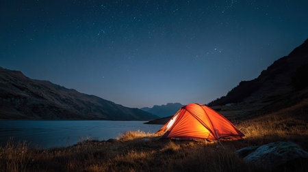 A tranquil camping scene featuring a glowing tent by a serene lake, surrounded by majestic mountains under a starry night sky, perfect for outdoor enthusiasts.の素材