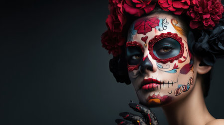 This stunning portrait captures festive Day of the Dead makeup featuring intricate skull designs, floral accents, and expressive beauty, perfect for celebrations.の素材