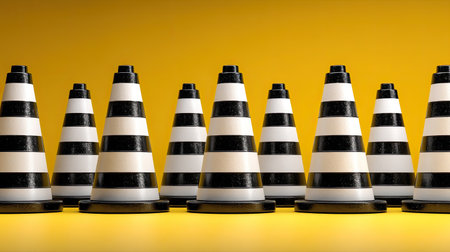 A vibrant display of traffic cones arranged in a line against a bright yellow background. These cones symbolize safety and caution in urban environments.の素材