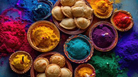 A stunning display of vibrant powders and traditional snacks captures the essence of celebration. Perfect for showcasing cultural festivities and joy.の素材