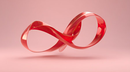 This captivating image features a smooth red ribbon elegantly twisted into an infinite loop, symbolizing continuity and creativity against a soft pink background. Perfect for design themes.の素材