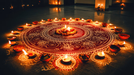 A stunning rangoli design adorned with glowing diyas creates a vibrant atmosphere for celebrations, capturing the essence of tradition and artistry during festivals.の素材