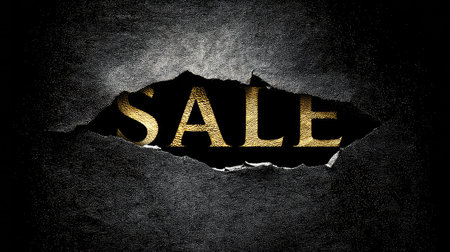 Eye-catching image of a torn black surface revealing golden text that reads "SALE." Perfect for promotional materials and marketing campaigns.の素材