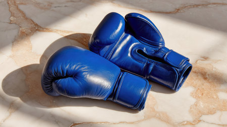 A vibrant pair of blue boxing gloves rests on a polished marble surface, showcasing their sleek design, perfect for training and competition. Shadows play softly across the gloves, highlighting their material and craftsmanship.の素材