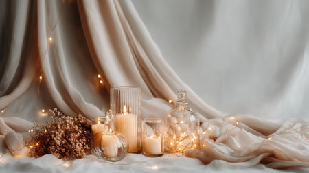 This image showcases a captivating arrangement of candles, glass jars, and delicate floral elements, all aglow with warm light. The soft drapery enhances a cozy and inviting atmosphere, perfect for a serene setting.の素材