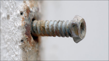 A close-up image showcasing a rusty metal screw embedded in a concrete wall. The texture and detail highlight wear, corrosion, and the passage of time. Perfect for industrial themes.の素材