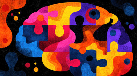 This vibrant abstract artwork depicts a brain made of colorful puzzle pieces, set against a dark background. Ideal for concepts of creativity and intelligence.の素材