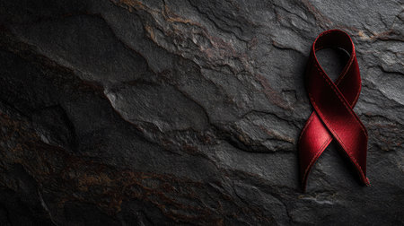 A striking red awareness ribbon placed on a dark stone background, symbolizing support for health causes and advocacy for disease prevention. Perfect for campaigns.の素材