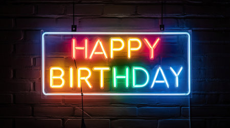Bright neon sign showcasing "Happy Birthday" in colorful lights, perfect for capturing the vibrant atmosphere of birthday celebrations and festive occasions.の素材