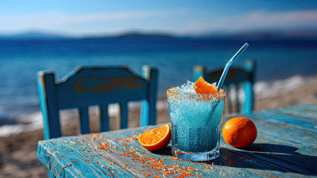A refreshing blue tropical drink garnished with an orange slice sits on a weathered table by the beach, embodying summer relaxation and vibrant flavors.の素材