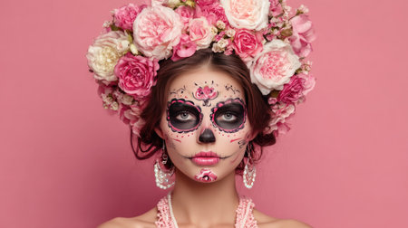 A stunning portrait of a woman showcasing vibrant floral makeup and an elaborate flower crown. The artful sugar skull design reflects cultural celebration and creativity.の素材