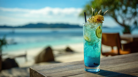 A vibrant blue cocktail sits on a wooden table, perfectly capturing the essence of summer by the beach. Enjoy this refreshing drink on a sunny day.の素材