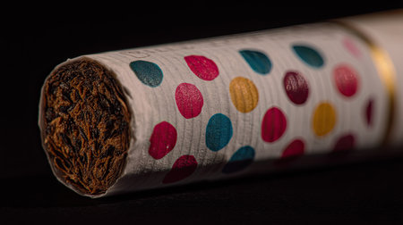 This image showcases a close-up of a colorful polka dot wrapped cigar, highlighting its intricate design and texture, perfect for lifestyle and relaxation themes.の素材