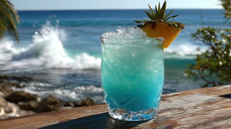 A vibrant tropical cocktail served in a glass with ice, garnished with a pineapple slice, set against a stunning ocean backdrop, ideal for summer vibes.の素材
