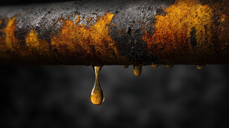 A striking macro image showcasing a single water droplet on a rusty metal pipe, capturing intricate textures and colors, set against a dark background.の素材